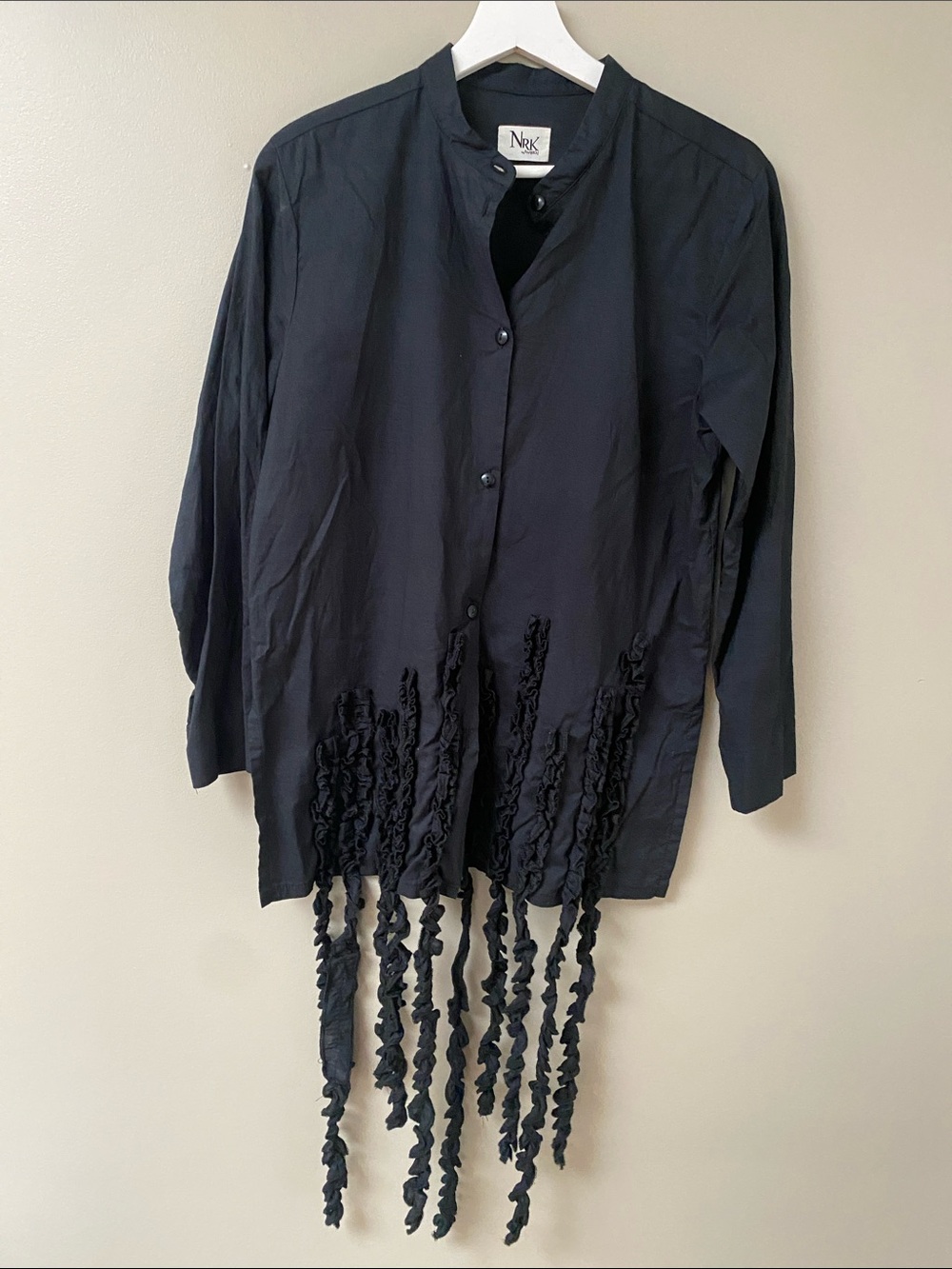NRK Anarkh Black Long-Sleeve Button Front Top with Twisted Fringe small